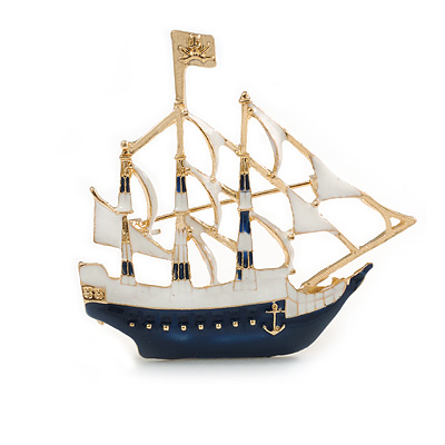 Blue/ White Enamel Sailing Ship Brooch in Gold Tone - 55mm Across - main view