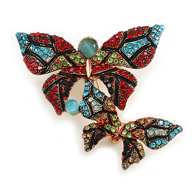Multicoloured Crystal Double Butterfly Brooch in Gold Tone - 45mm Across