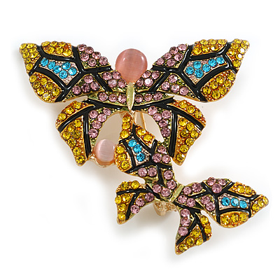 Statement Multicoloured Crystal Double Butterfly Brooch in Gold Tone - 45mm Across - main view