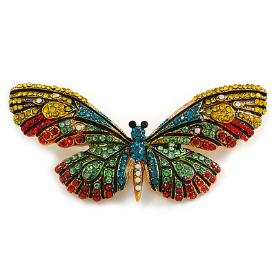 Oversized Multicoloured Crystal Butterfly Brooch In Gold Tone - 80mm Across - main view