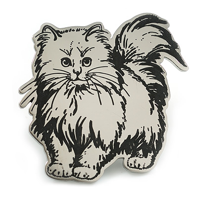 Silver Tone Etched Cat Kitty Brooch - 40mm Tall - main view