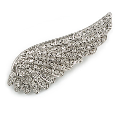 Large Clear Crystal Wing Brooch in Silver Tone - 70mm Across - main view