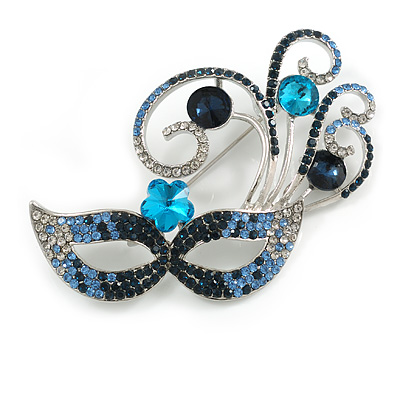 Statement Blue/Clear Crystal Carnival Mask Brooch in Silver Tone - 70mm Across - main view