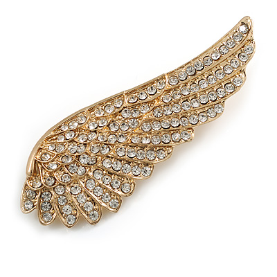 Large Clear Crystal Wing Brooch in Gold Tone - 70mm Across - main view