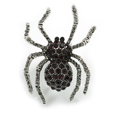 Deep Purple/ Hematite Grey Spider Brooch in Aged Silver Tone - 50mm Tall