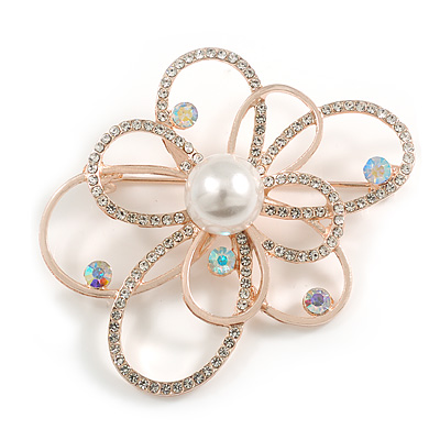Assymetrical Open Ab/ Clear Crystal Flower Brooch in Rose Gold Tone - 55mm Across - main view