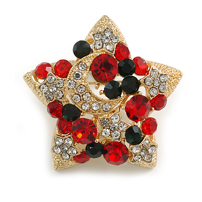Red/Green/Clear Crystal Christmas Star and Crescent Brooch In Gold Tone - 35mm Across - main view