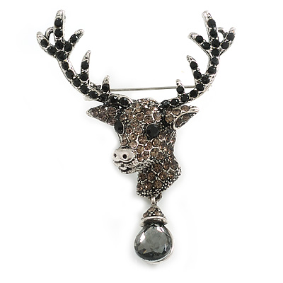 Statement Grey Coloured Crystal Stags Head Brooch/ Pendant In Aged Silver Tone - 70mm Tall - main view