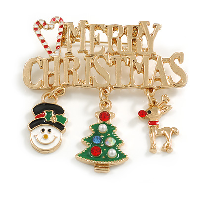 Holiday Enamel Crystas Charm Merry Christmas Xmas Festive Brooch Pin In Gold Tone - 50mm Across
