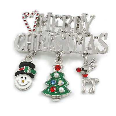 Holiday Enamel Crystas Charm Merry Christmas Xmas Festive Brooch Pin In Silver Tone - 50mm Across - main view