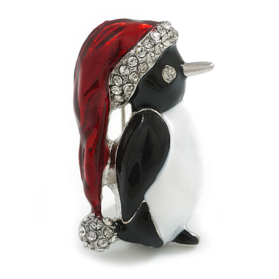 Christmas Black/Red/White Enamel Penguin Brooch in Silver Tone - 40mm Tall - main view