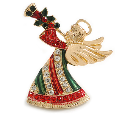 Beautiful Guardian Angel Clear/ Green/ Red Crystal Brooch In Gold Tone Xmas Christmas - 45mm L - main view
