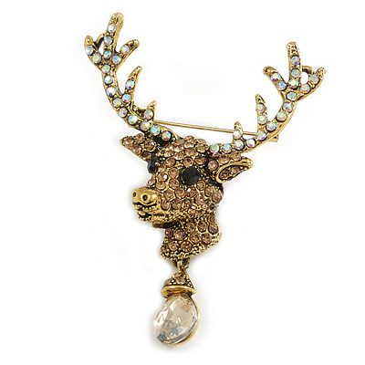 Statement Ab/Topaz Coloured Austrian Crystal Stags Head Brooch/ Pendant In Aged Gold Tone - 70mm Length - main view