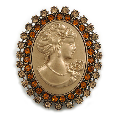Vintage Inspired Orange/Citrine Crystal Brone Acrylic Cameo in Aged Gold Tone Finish - 40mm Tall - main view