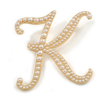 'K' Large Gold Plated White Faux Pearl Letter K Alphabet Initial Brooch Personalised Jewellery Gift - 55mm Tall - main view