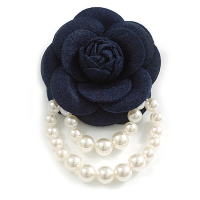 Large Dark Blue Layered Felt Fabric Rose Flower with White Faux Pearl Beaded Dangle Brooch/65mm Diameter/10.5cm Total Drop - main view