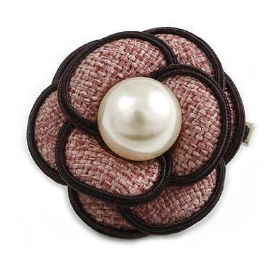 55mm Layered Dusty Pink Fabric with Cream Faux Pearl Bead Flower Brooch/ Clip - main view