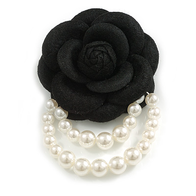 Large Black Layered Felt Fabric Rose Flower with White Faux Pearl Beaded Dangle Brooch/65mm Diameter/10.5cm Total Drop - main view