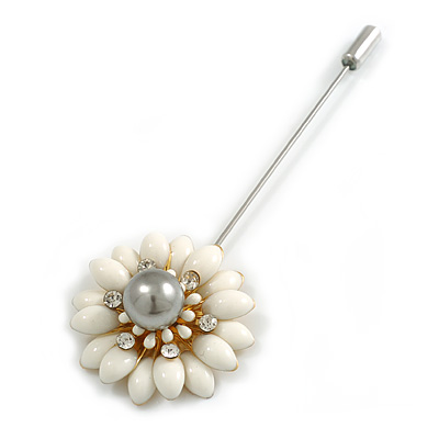 White Enamel Daisy Flower with Pearl Bead Lapel, Hat, Suit, Tuxedo, Collar, Scarf, Coat Stick Brooch Pin In Silver Tone Metal/80mm Long