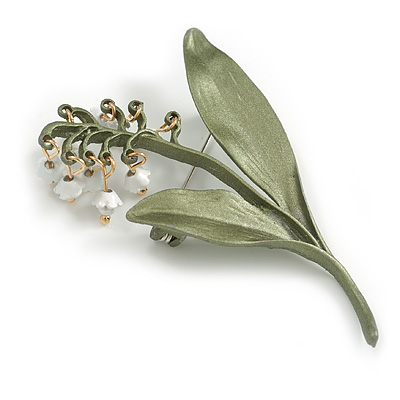 White Lily-of-the-valley Green Enamel Floral Large Brooch - 60mm Long