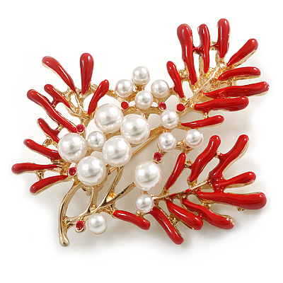 Red Enamel White Faux Pearl Floral Brooch In Gold Tone - 60mm Tall - main view