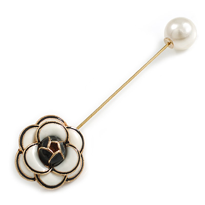 White/Black Enamel Rose Flower with Pearl Bead Lapel, Hat, Suit, Tuxedo, Collar, Scarf, Coat Stick Brooch Pin In Gold Tone Metal/80mm Long