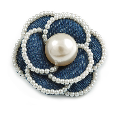 55mm Layered Blue Denim Fabric with White Faux Pearl Bead Flower Brooch/ Clip - main view