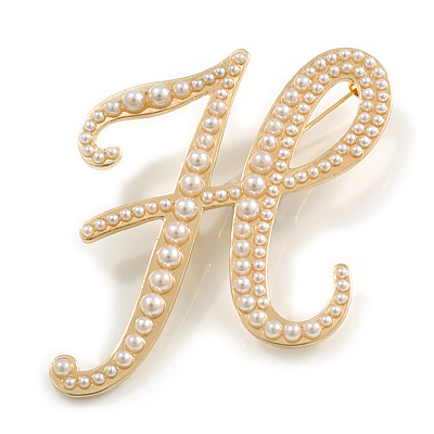 'H' Large Gold Plated White Faux Pearl Letter H Alphabet Initial Brooch Personalised Jewellery Gift - 60mm Tall
