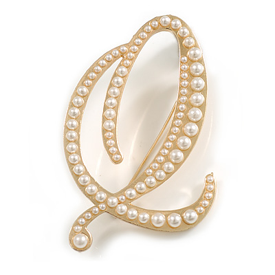 'Q' Large Gold Plated White Faux Pearl Letter Q Alphabet Initial Brooch Personalised Jewellery Gift - 60mm Tall - main view