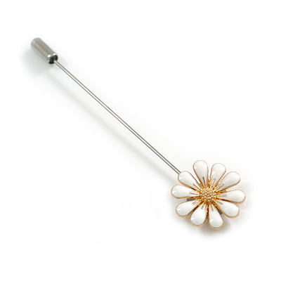 White Enamel Daisy Flower Lapel, Hat, Suit, Tuxedo, Collar, Scarf, Coat Stick Brooch Pin In Silver Tone Metal/80mm Long
