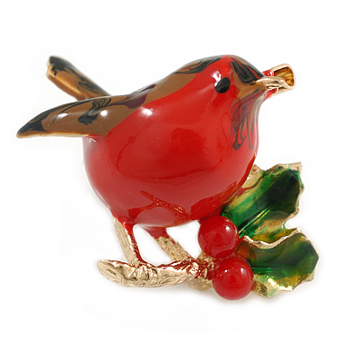 Red/Brown/Green Bullfinch Bird/ Robin In Gold Tone - 35mm Tall - main view
