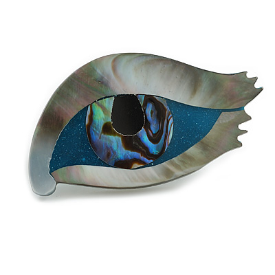 Mother Of Pearl Abalone Quirky Eye Brooch in Grey/Blue - 55mm Across - main view