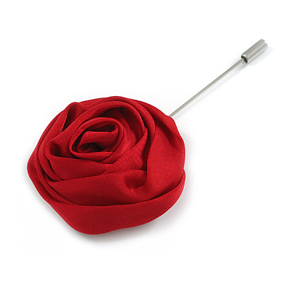 Burgundy Red Silk Fabric Rose Flower Lapel, Hat, Suit, Tuxedo, Collar, Scarf, Coat Stick Brooch Pin in Silver Tone/75mm L - main view