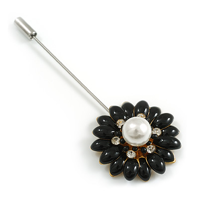 Black Enamel Daisy Flower with Pearl Bead Lapel, Hat, Suit, Tuxedo, Collar, Scarf, Coat Stick Brooch Pin In Silver Tone Metal/80mm Long - main view