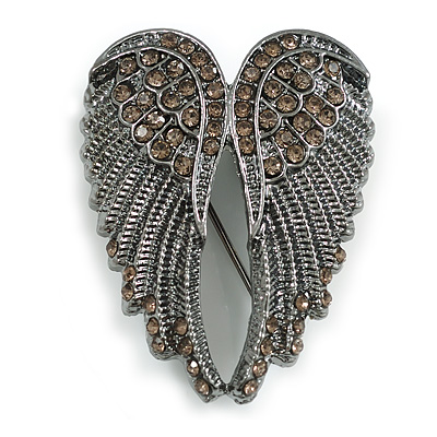 Romantic Grey Crystal Angel Wings Brooch in Black Tone - 40mm Tall