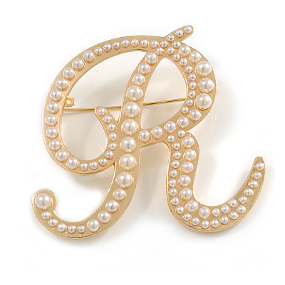'R' Large Gold Plated White Faux Pearl Letter R Alphabet Initial Brooch Personalised Jewellery Gift - 55mm Tall
