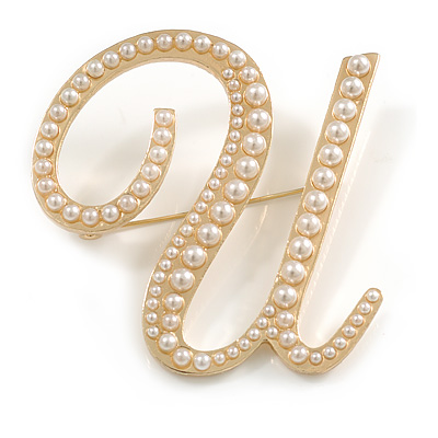 'U' Large Gold Plated White Faux Pearl Letter U Alphabet Initial Brooch Personalised Jewellery Gift - 60mm Tall