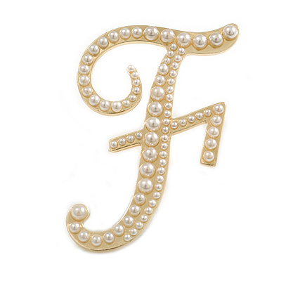 'F' Large Gold Plated White Faux Pearl Letter F Alphabet Initial Brooch Personalised Jewellery Gift - 60mm Tall - main view