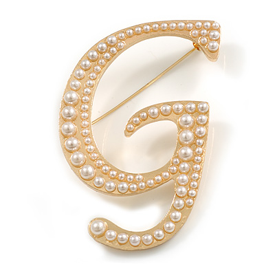 'G' Large Gold Plated White Faux Pearl Letter G Alphabet Initial Brooch Personalised Jewellery Gift - 60mm Tall - main view