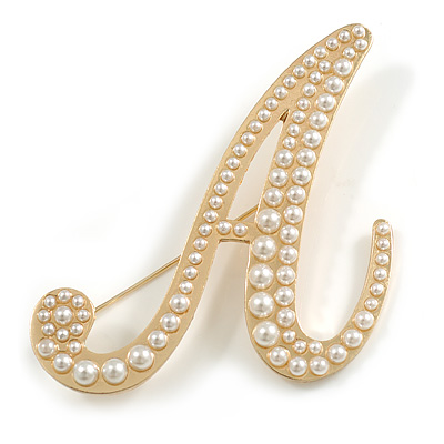 'A' Large Gold Plated White Faux Pearl Letter A Alphabet Initial Brooch Personalised Jewellery Gift - 55mm Tall - main view