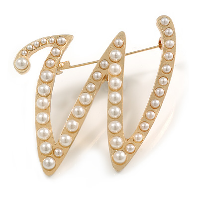 'W' Large Gold Plated White Faux Pearl Letter W Alphabet Initial Brooch Personalised Jewellery Gift - 50mm Tall - main view
