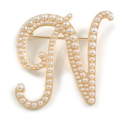 'N' Large Gold Plated White Faux Pearl Letter N Alphabet Initial Brooch Personalised Jewellery Gift - 55mm Tall