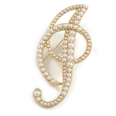 'I' Large Gold Plated White Faux Pearl Letter I Alphabet Initial Brooch Personalised Jewellery Gift - 70mm Tall - main view