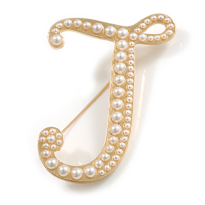 'J' Large Gold Plated White Faux Pearl Letter J Alphabet Initial Brooch Personalised Jewellery Gift - 60mm Tall - main view