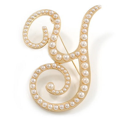 'Y' Large Gold Plated White Faux Pearl Letter Y Alphabet Initial Brooch Personalised Jewellery Gift - 60mm Tall