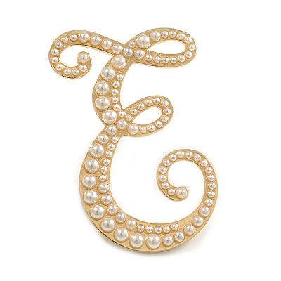 'E' Large Gold Plated White Faux Pearl Letter E Alphabet Initial Brooch Personalised Jewellery Gift - 60mm Tall - main view