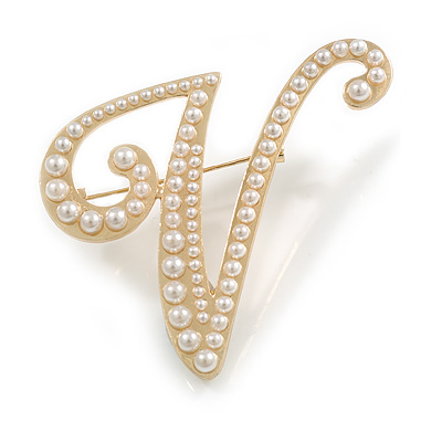 'V' Large Gold Plated White Faux Pearl Letter V Alphabet Initial Brooch Personalised Jewellery Gift - 55mm Tall - main view