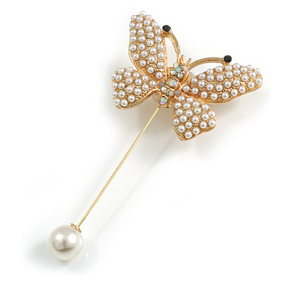 Faux Pearl Crystal Butterfly Lapel, Hat, Suit, Tuxedo, Collar, Scarf, Coat Stick Brooch Pin 85mm Long - main view