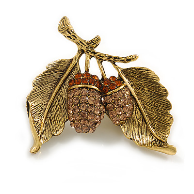 Vintage Inspired Crystal Acorn Brooch in Aged Gold Tone - 40mm Across - main view