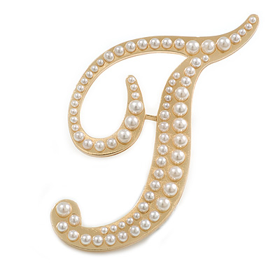 'T' Large Gold Plated White Faux Pearl Letter T Alphabet Initial Brooch Personalised Jewellery Gift - 60mm Tall - main view